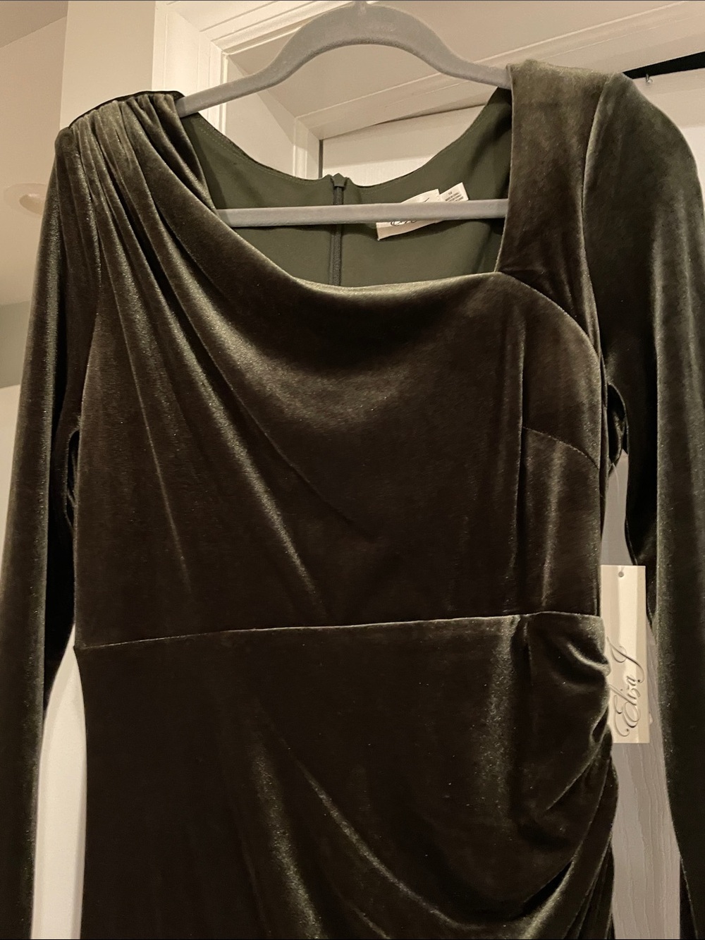 Eliza J Olive Velvet Ruched Long-Sleeve Gown - Picture 2 of 11